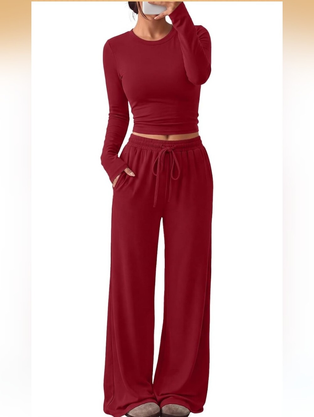 Women's Wide Leg Lounge Wine Color Pants Set Size XL Loungewear Travel College